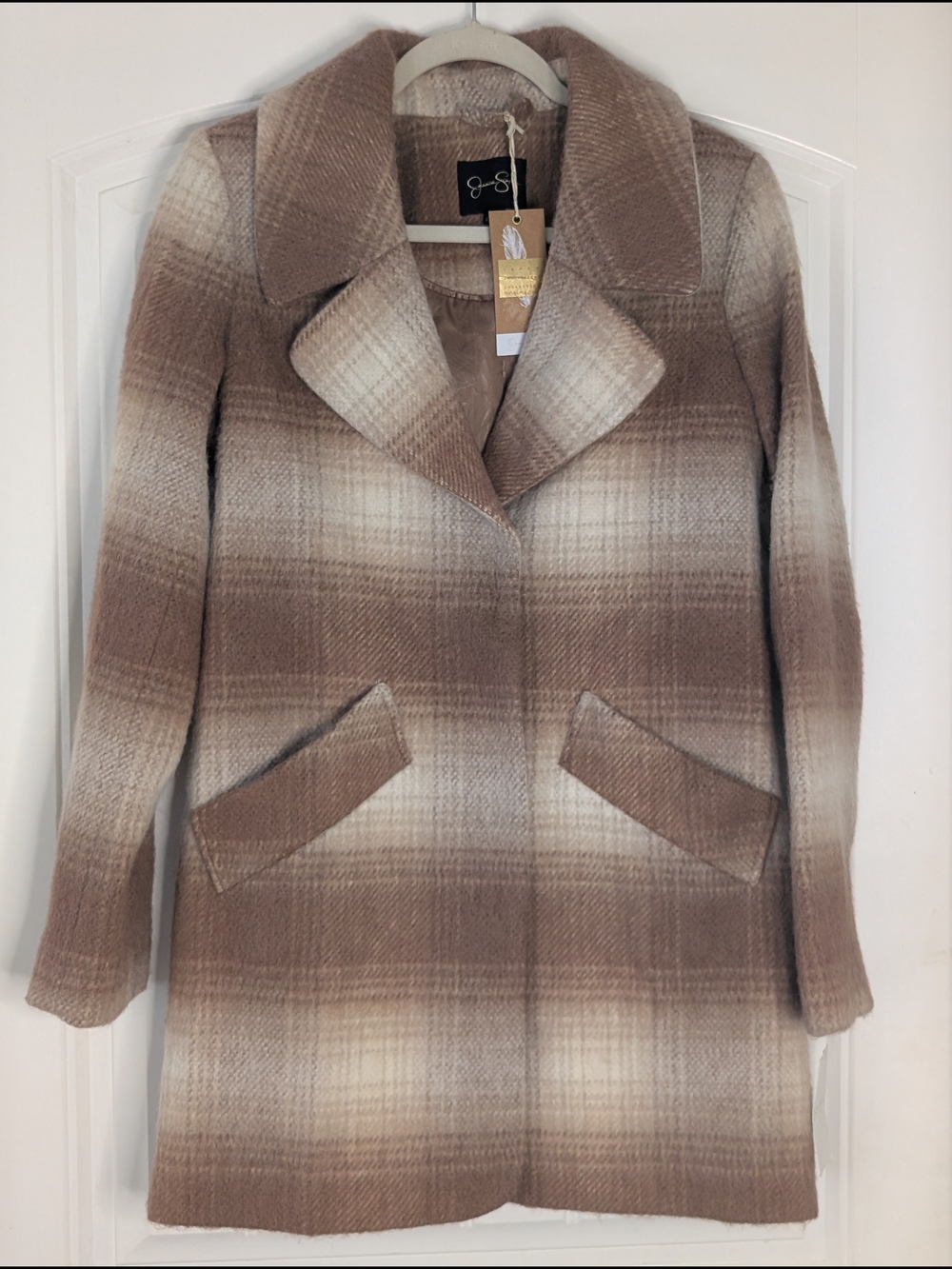 Jessica Simpson Camel Brown Plaid Wool Blend Tenth Anniversary Winter Coat